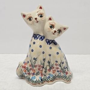 Vintage Polish Pottery Butterfly Floral Garden Twins Cat Figurine Cottage Shabby